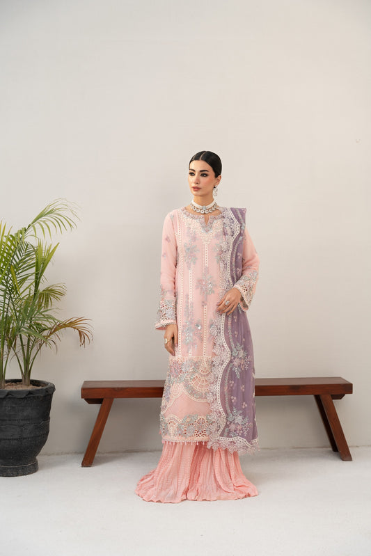 Elegant Pakistani Embroidered Pink & Lavender Gharara Suit – Designer Bridal Collection