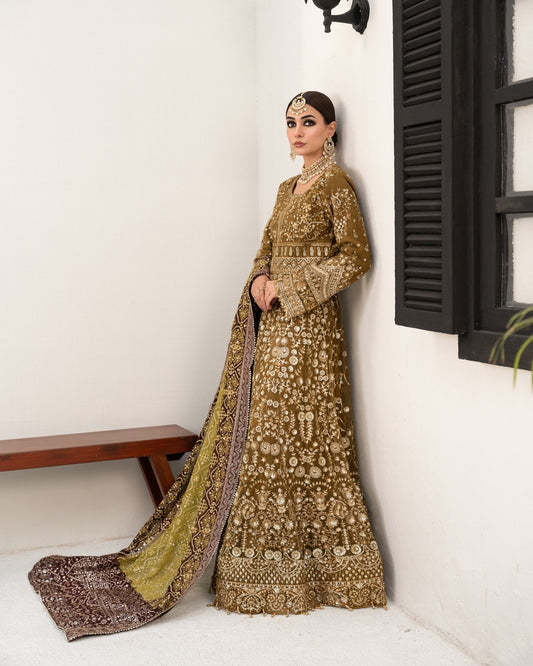 Luxury Pakistani Embroidered Olive Green Gown with Handwork & Sequence – Designer Bridal Wear