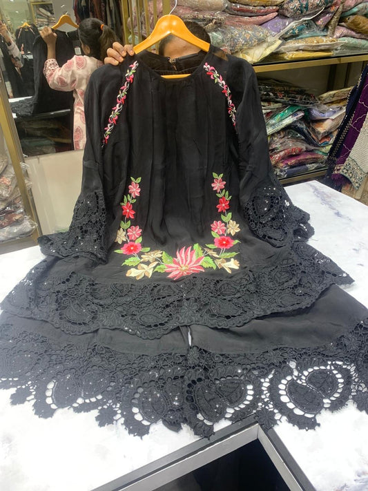 Black & Pink Embroidered Dress 3 Pc Set