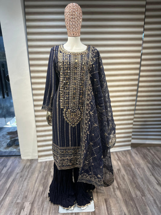Midnight Blue Heavily Embroidered Luxury Formal Suit with Gharara and Net Dupatta