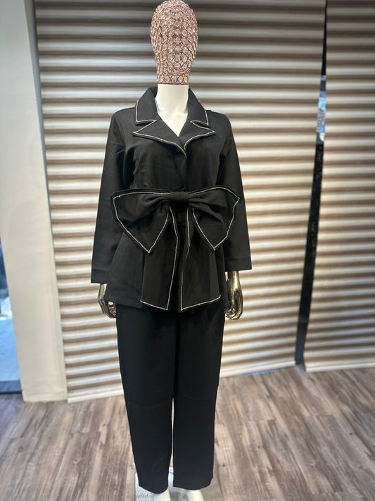 Black Imported Handwork Blazer Set with Statement Bow - XTRA ORDINARY