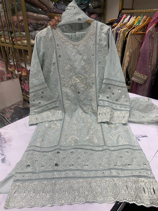Pastel Sage Green Embroidered 3-Piece Set